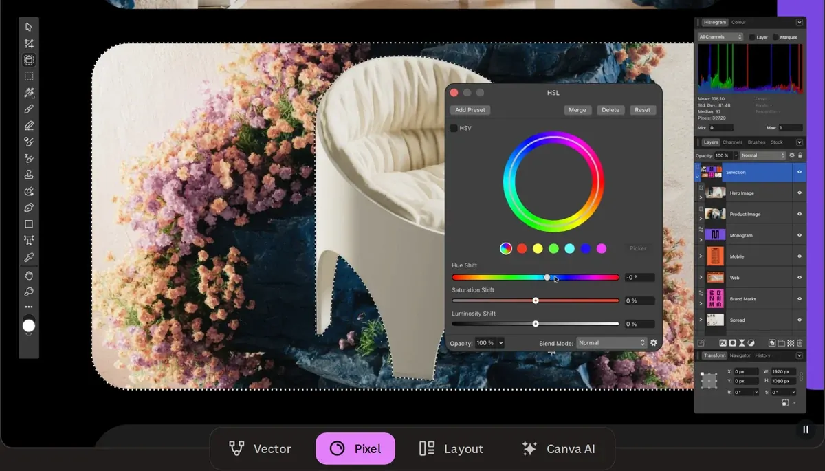 Affinity im Pixel-Studio: Bildbearbeitung mit HSL-Einstellungen und Ebenen