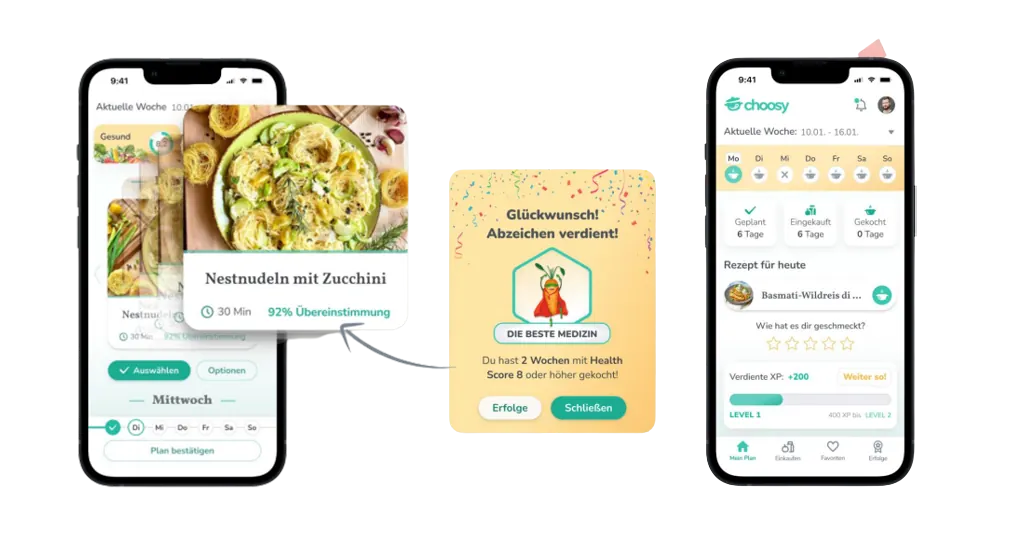 Choosy-App auf zwei Smartphones mit Rezeptvorschlägen und Wochenplan