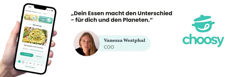 Vanessa Westphal, Gründerin von Choosy, mit Zitat „Dein Essen macht den Unterschied“ und der App auf dem Smartphone