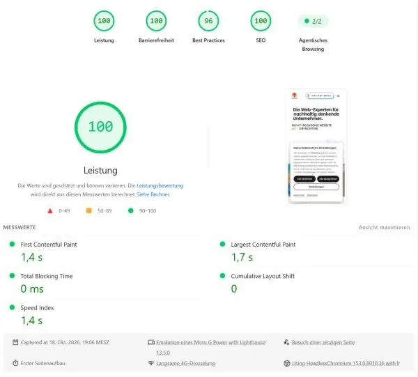 So sieht das Ergebnis aus: PageSpeed Insights in der mobilen Ansicht, hier für memedia.de am 18.10.2026. Oben steht die Leistung, darunter die Core Web Vitals.