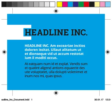 Beispieldokument als Print-PDF im Bruttoformat mit Beschnitt und Druckzeichen