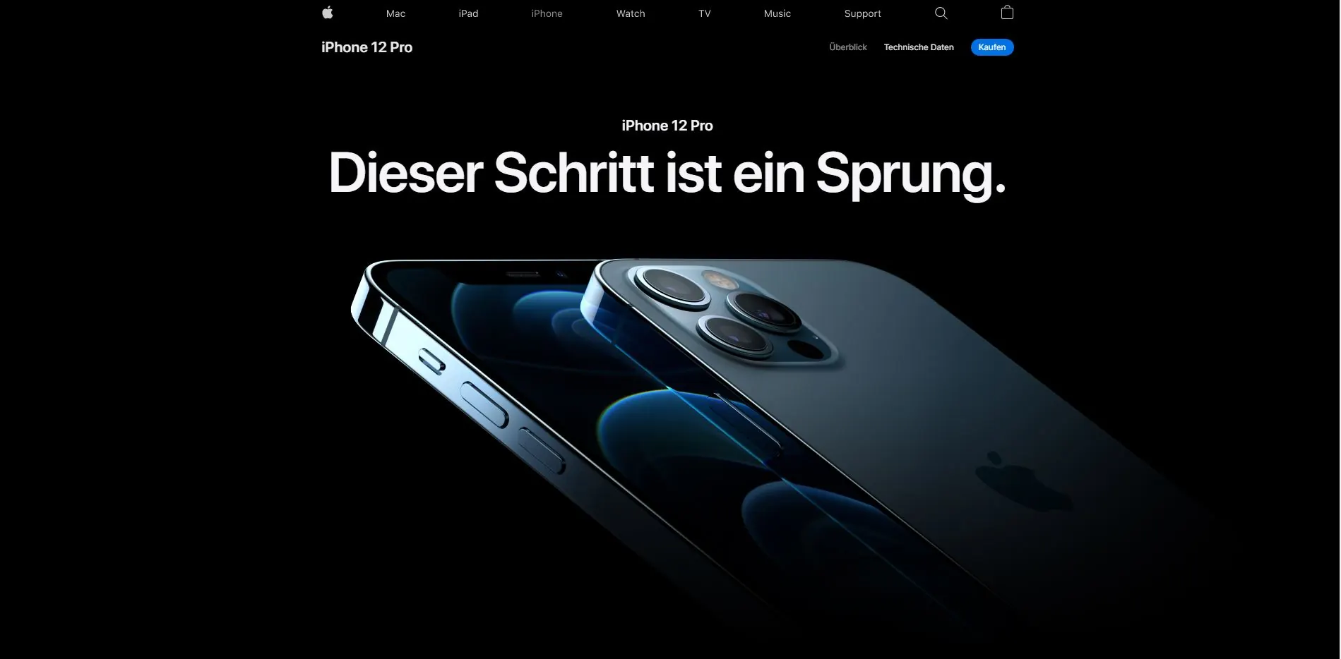 Dunkle Produktseite des iPhone 12 Pro bei Apple (Screenshot 2021)