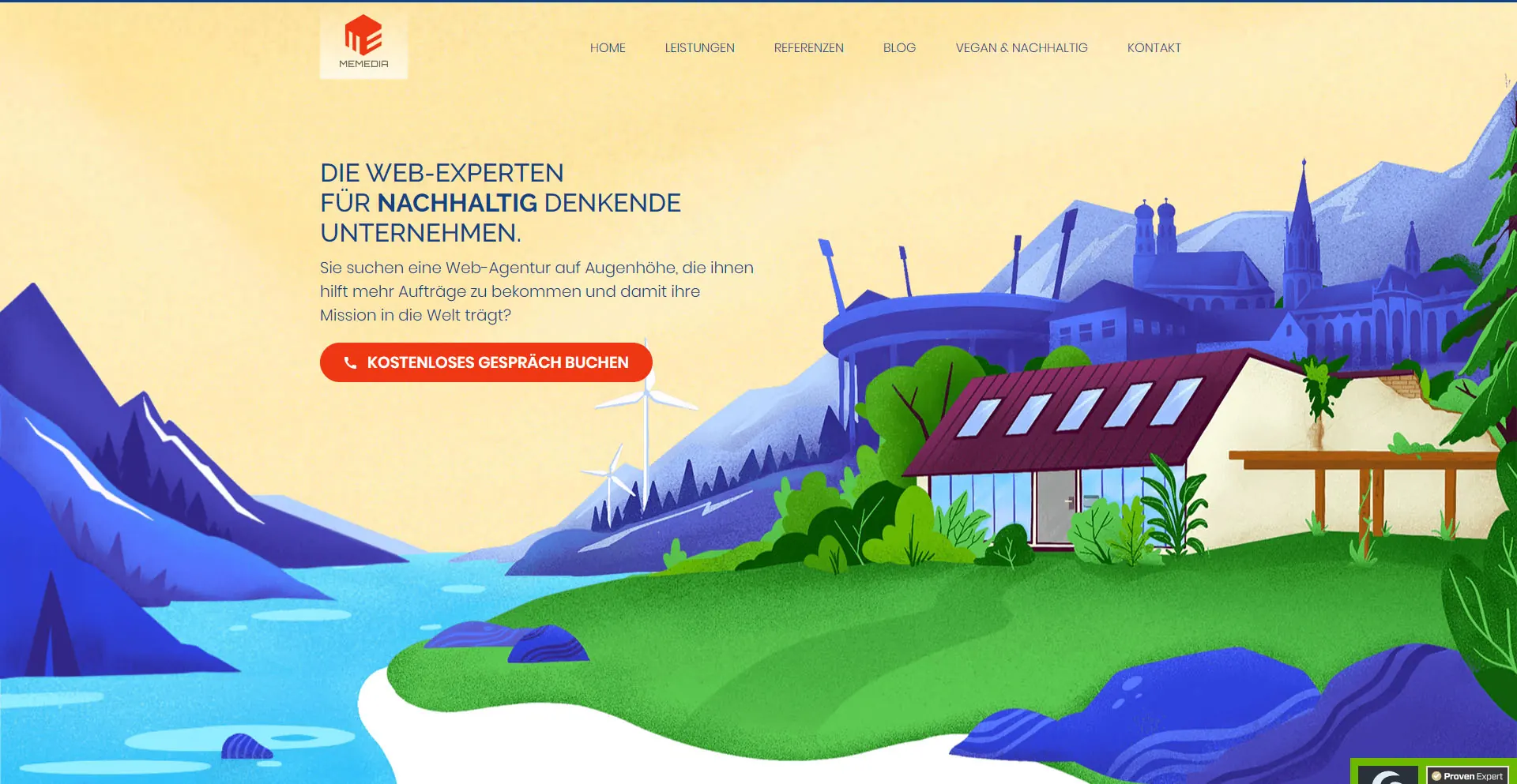 Startseite von memedia.de mit eigener Landschafts-Illustration (Screenshot 2021)