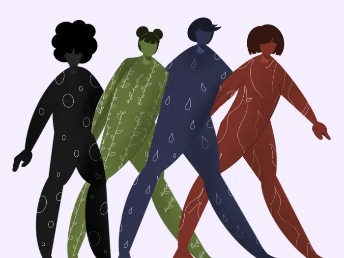 Illustration: vier unterschiedliche Menschen gehen nebeneinander