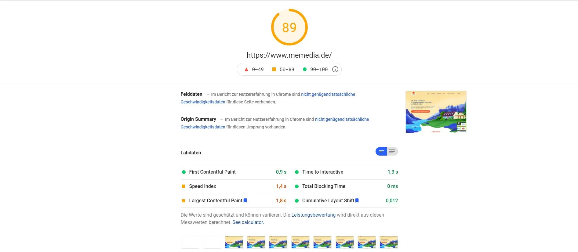Ergebnis von Google PageSpeed Insights für memedia.de (Screenshot 2021)
