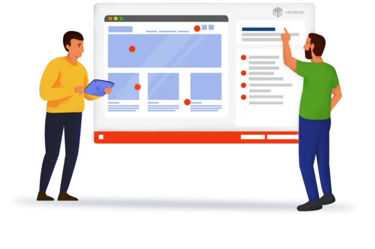 Illustration: Zwei Personen planen eine Website am Bildschirm
