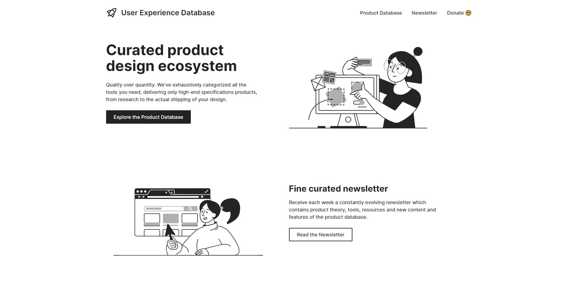 Schwarz-weiße Website von UX Database (Screenshot 2021)