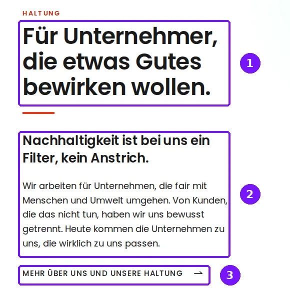 Beispiel memedia.de: ① Überschrift, die allein Sinn ergibt, ② ein Gedanke pro Absatz, ③ ein klarer nächster Schritt