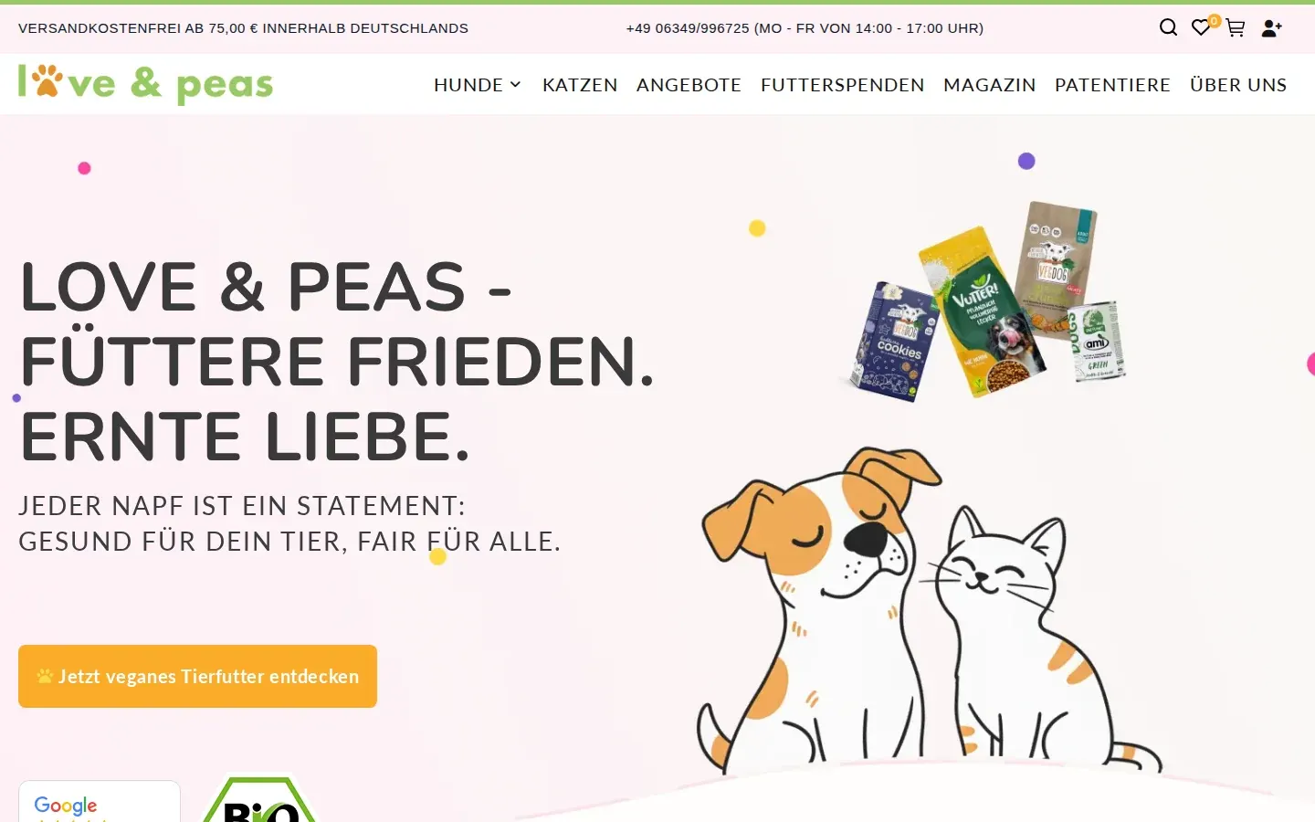 Screenshot loveandpeas.de, Startseite