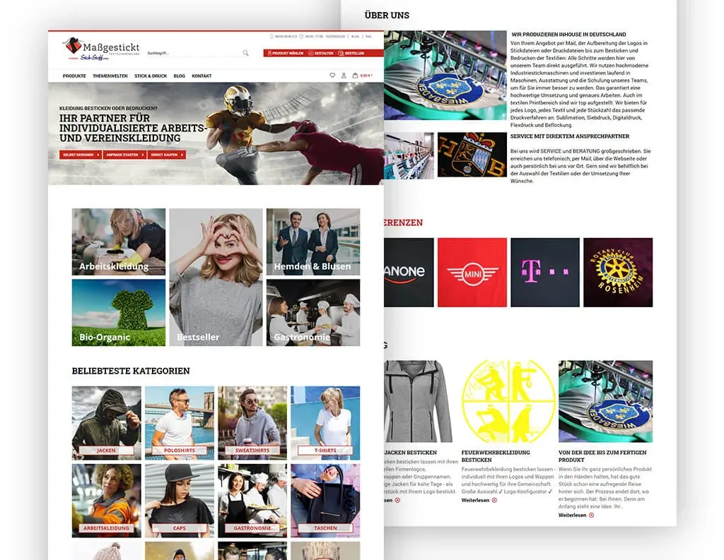 Shop Maßgestickt, Startseite und Unterseite (Screenshot)