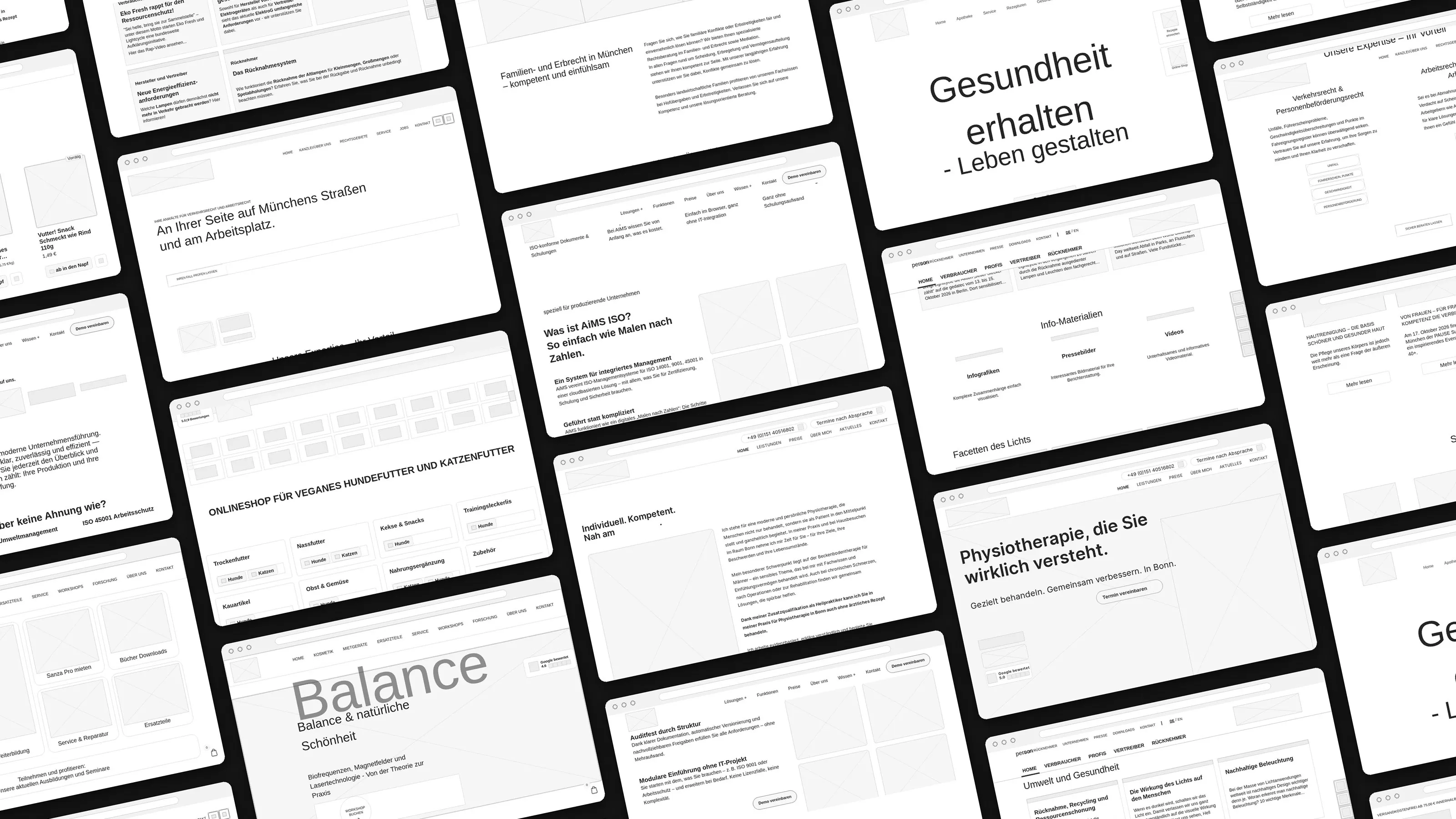 Collage aus Wireframes von memedia-Referenzen, schwarz-weiß mit Platzhaltern